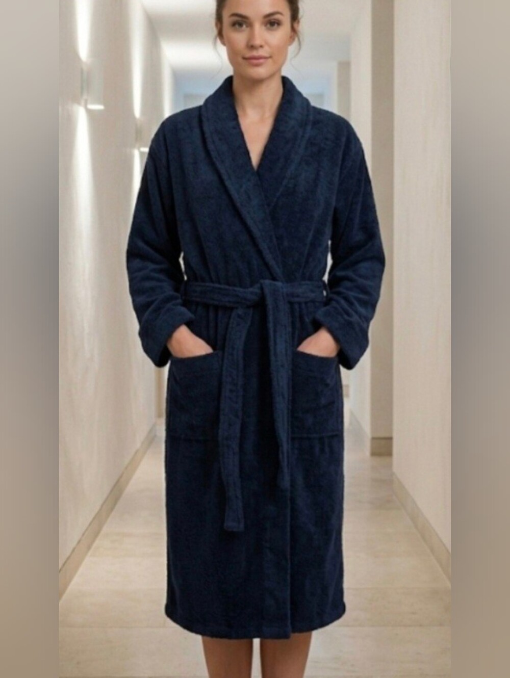 Women's 100% Cotton Terry Cloth Bathrobe Navy Blue Spa Robe Belted Pockets
